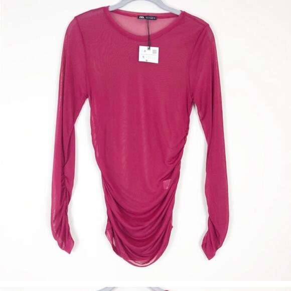 NWT Zara hot pink sheer mesh top with ruched sides - Picture 1 of 5